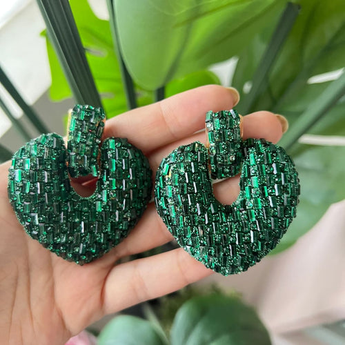 Heart Crystal Earrings-Green