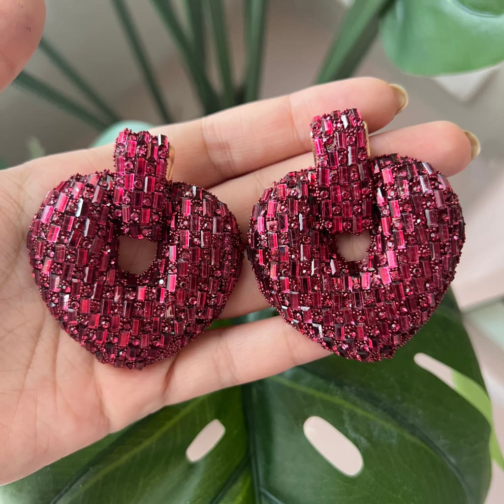Heart Crystal Earrings-Red
