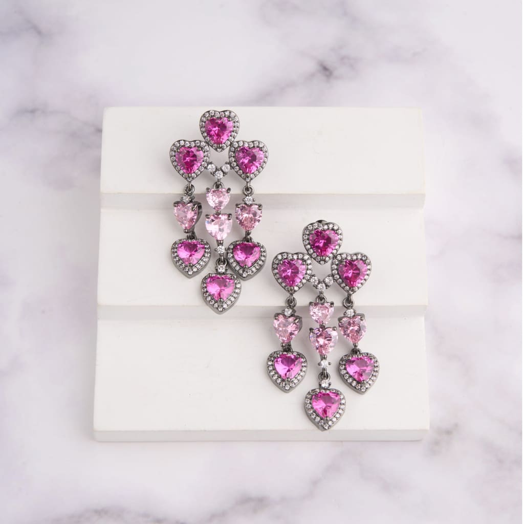 Heart Chandelier Earrings - Red