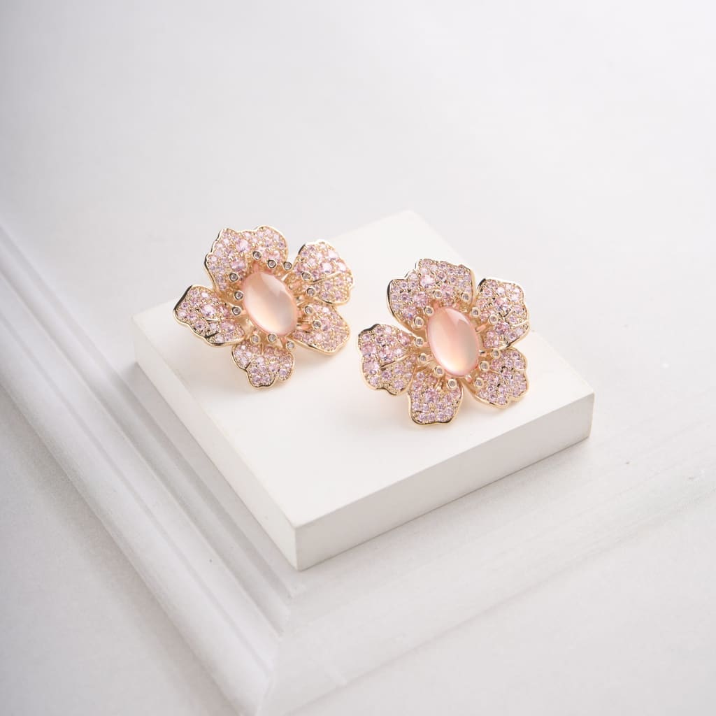 Oval Flower Earrings - Pink