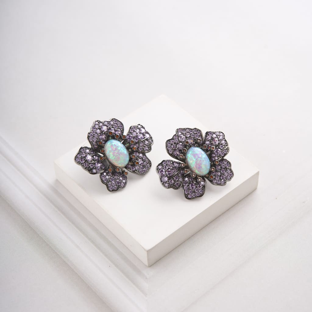 Oval Flower Earrings - Purple