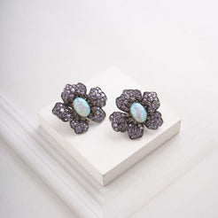 Oval Flower Earrings - Purple