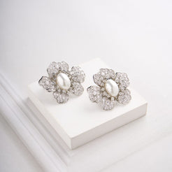 Oval Flower Earrings - White