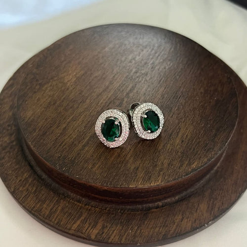 Oval Halo Earrings - Green