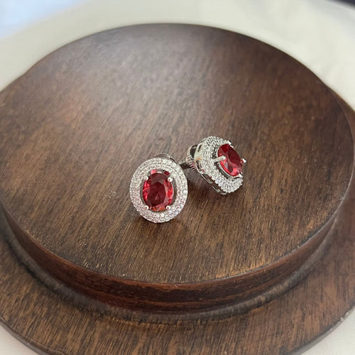 Oval Halo Earrings - Red