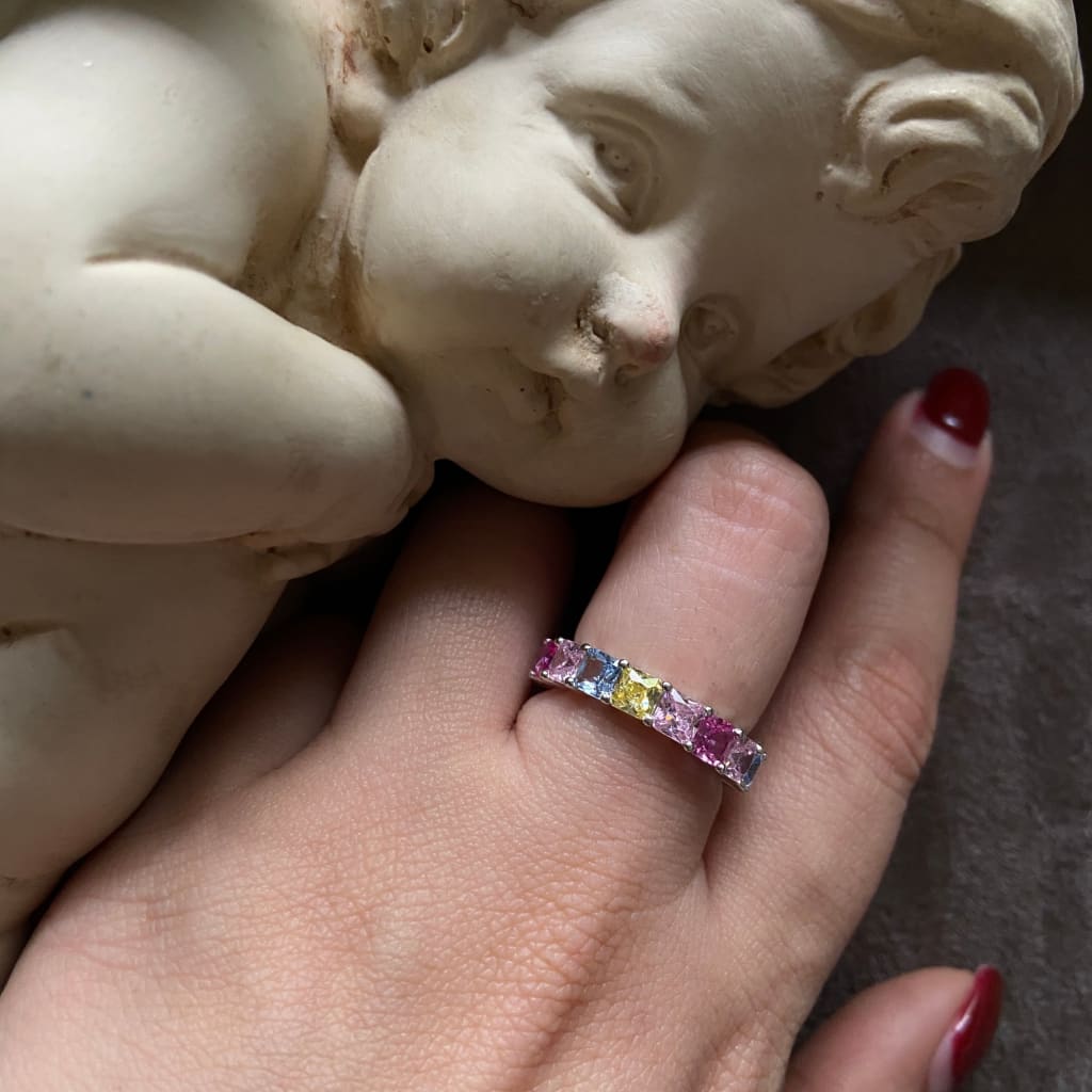 Asscher Coloured Eternity Ring - Silver / US 5